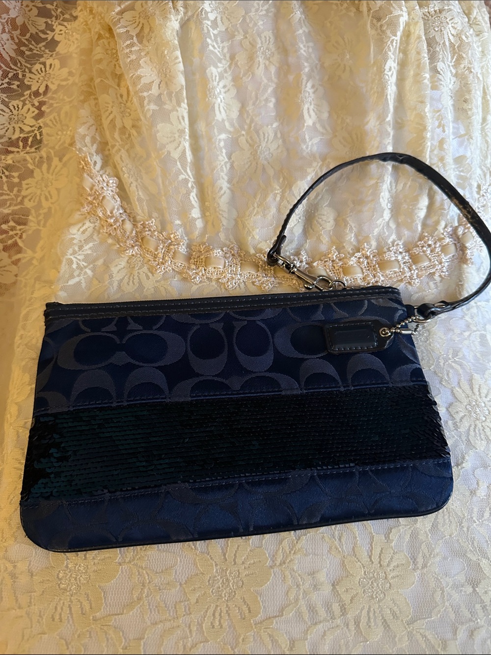 Coach Navy  Signature Sequin Wristlet
